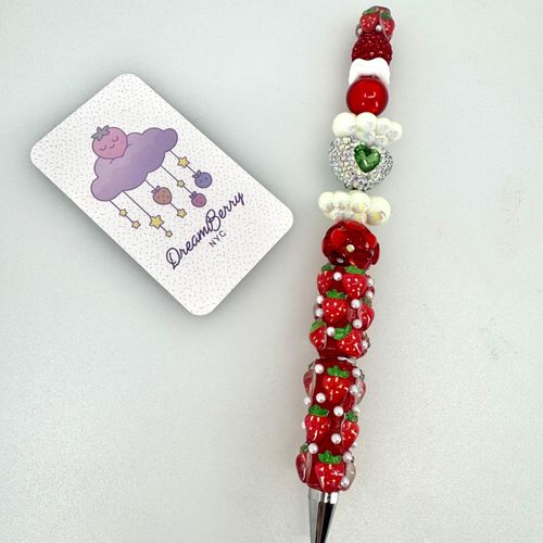 Beaded Pen — Red and Green Strawberry, view 1 of 3