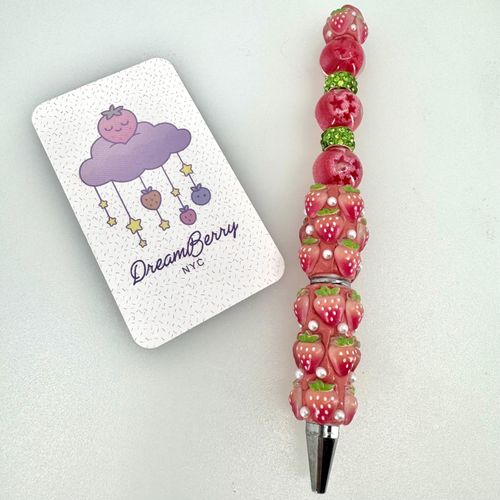 Beaded Pen — Pink and Green Strawberries, view 1 of 3