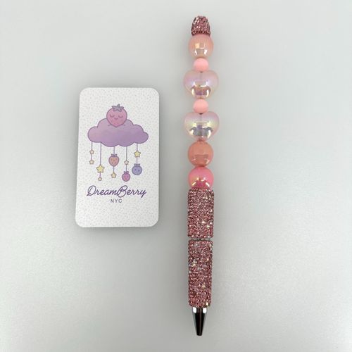 Beaded Pen — Peachy Pink with Iridescent Hearts, view 1 of 3