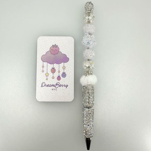 Beaded Pen — White & Silver with Fur & Rhinestones, view 1 of 3