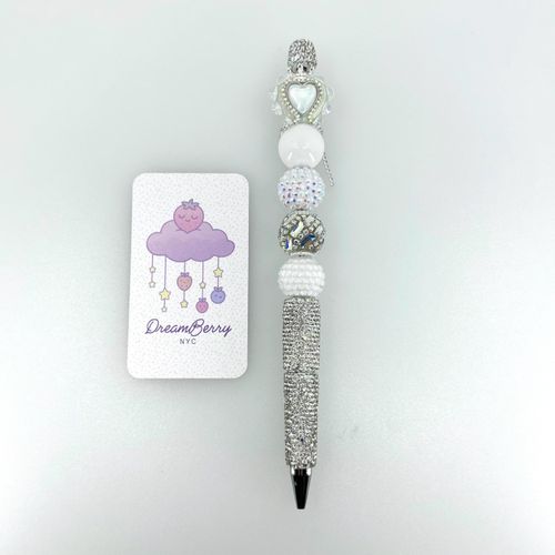 Beaded Pen — White & Silver with Fancy Heart, view 1 of 3