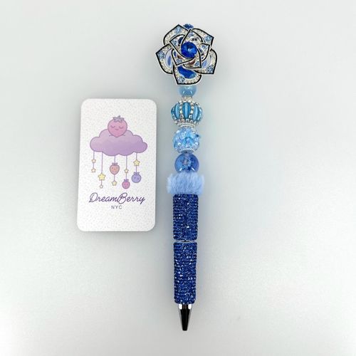 Beaded Pen — Blue & Teal with Flower Spinner Top, view 1 of 3