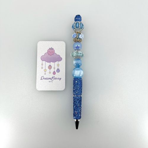 Beaded Pen — Blue with Flowers & Hearts, view 1 of 3