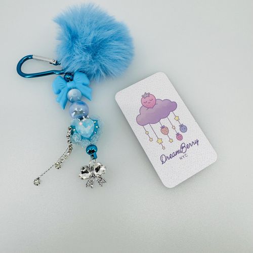 Blue Heart PomPom Beaded Keychain, Take Two, view 1 of 5