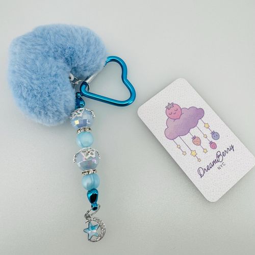 Blue Heart PomPom Beaded Keychain, view 1 of 4