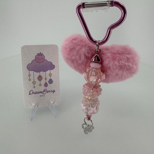 Pink Heart PomPom Beaded Keychain, Take Four