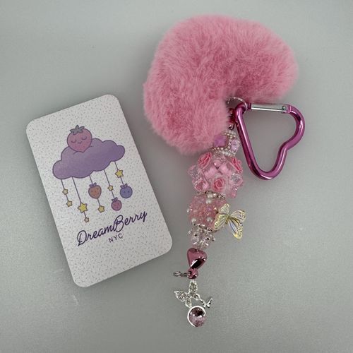 Pink Heart PomPom Beaded Keychain — Butterfly Theme