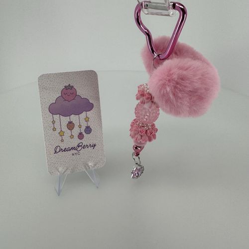 Pink Heart PomPom Beaded Keychain, Take Two, view 1 of 6