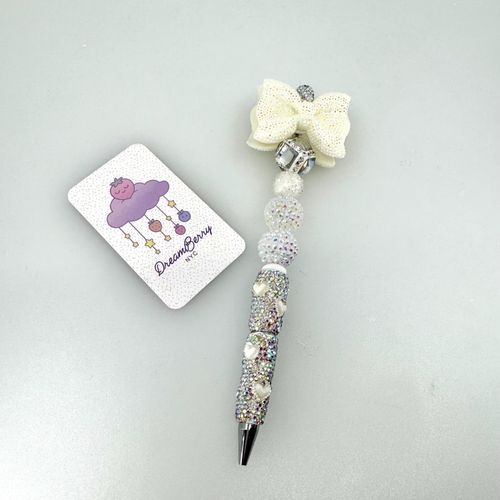 Beaded Pen — Deluxe White with Big Bow, view 1 of 5
