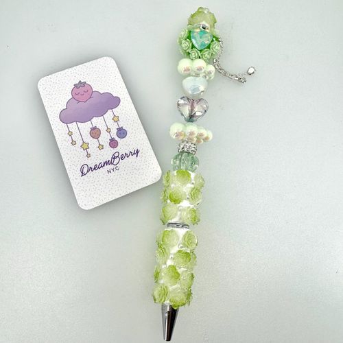 Beaded Pen — Green & White Flowers, view 1 of 5