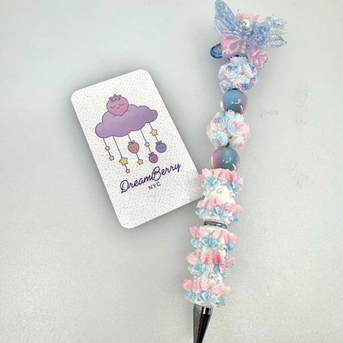 Beaded Pen — Pink & Blue with Butterfly Topper, view 1 of 7