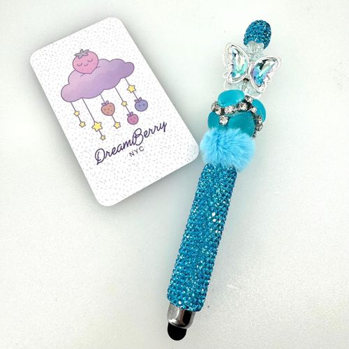 Beaded Stylus — Aqua Butterfly & Pom-Pom, view 1 of 4
