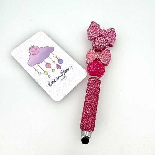 Pink Bow Beaded Stylus (regular sized) Rhinestones, view 1 of 3