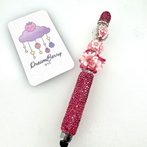 Pink Flowers Beaded Stylus (regular sized) Rhinestones, view 1 of 4