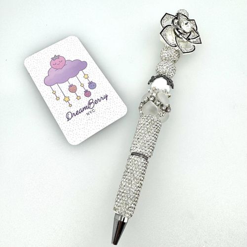 Beaded Pen — Silver Spinning Flower Fidget