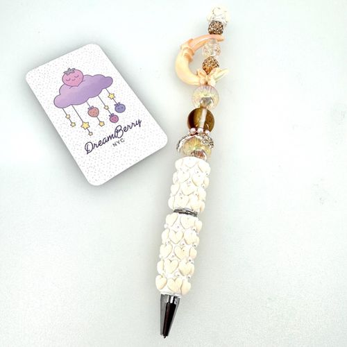 Beaded Pen — Tan Hearts, Moon & Butterfly