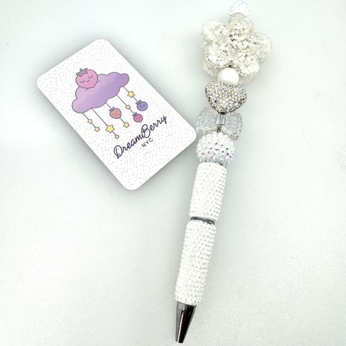 Beaded Pen — Iridescent Heart & Crystal Flower
