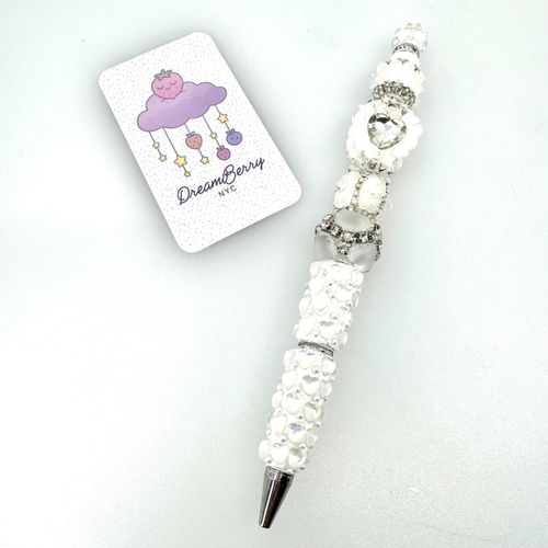 Beaded Pen — White Hearts & Silver Heart