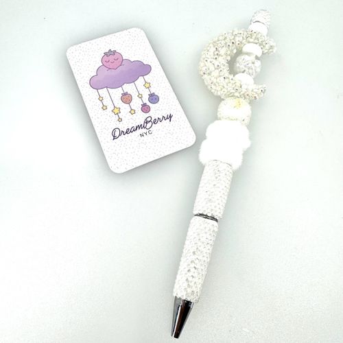 Beaded Pen — White Crescent Moon & Fluff