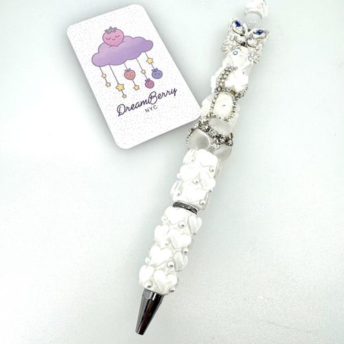 Beaded Pen — White Hearts & Jeweled Butterfly