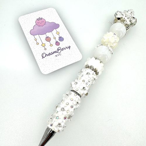 Beaded Pen — White Florals & Crystal Bow