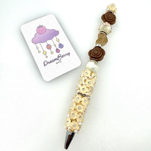 Beaded Pen — Champagne Rose & Gold Glitter Heart
