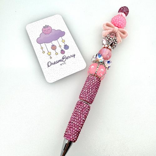 Beaded Pen — Pink Rhinestone & Velvet Bow