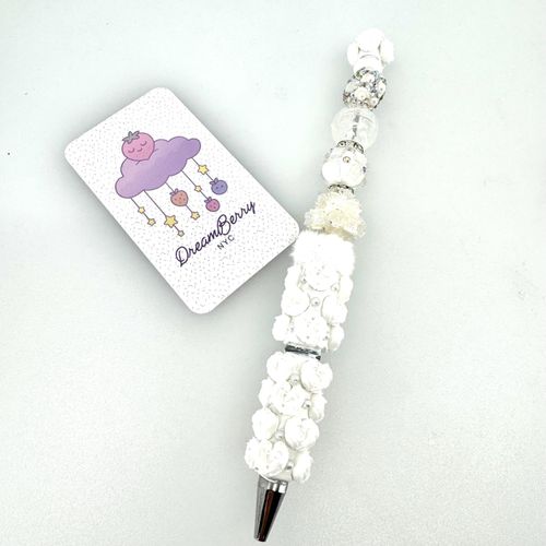 Beaded Pen — White Rose, Confetti Water Bead & Crystal Heart