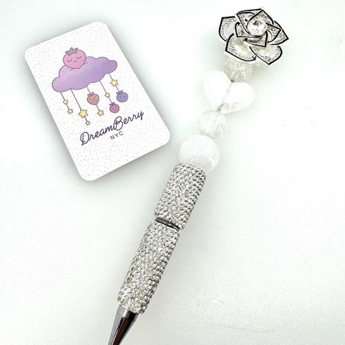 Beaded Pen — Silver Flower Fidget & White Hearts