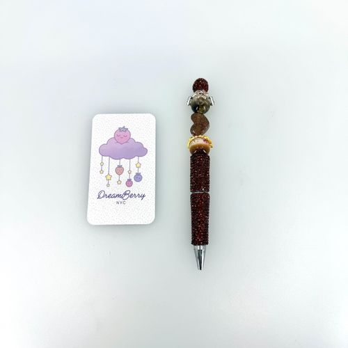 Beaded Pen — Dark Brown & Glitter Heart (Regular Size)