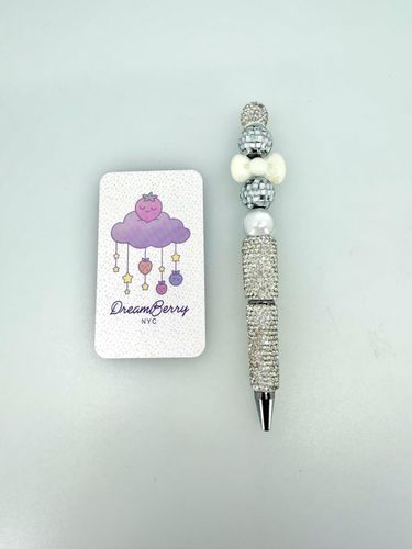 Beaded Pen — Silver Disco Balls & White Bow (Regular Size)