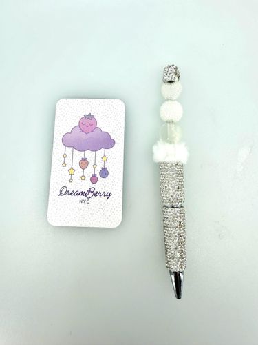 Beaded Pen — Silver & Fluffy White Trim (Regular Size)