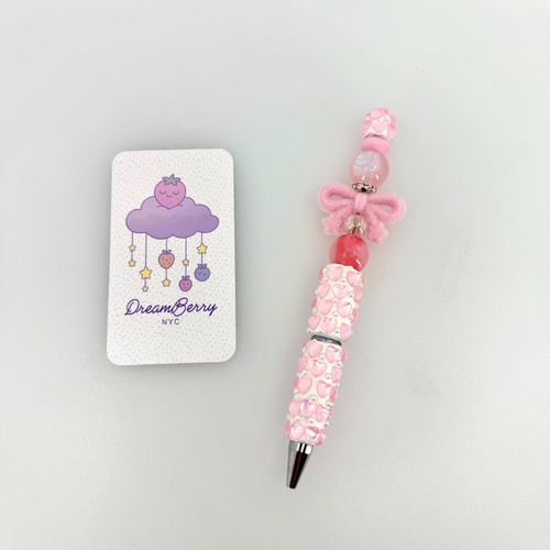 Beaded Pen — Pink Heart, Fuzzy Bow & Pearls (Regular Size)