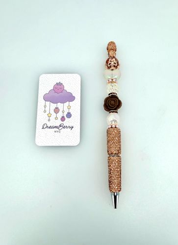 Beaded Pen — Champagne, Brown Rose & Iridescent Hearts