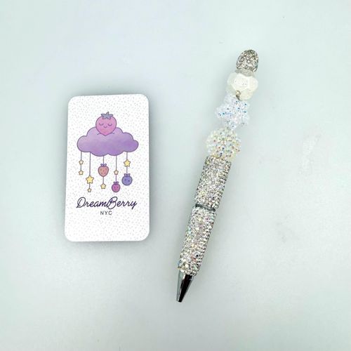 Beaded Pen — Silver & White Florals (Regular Size)