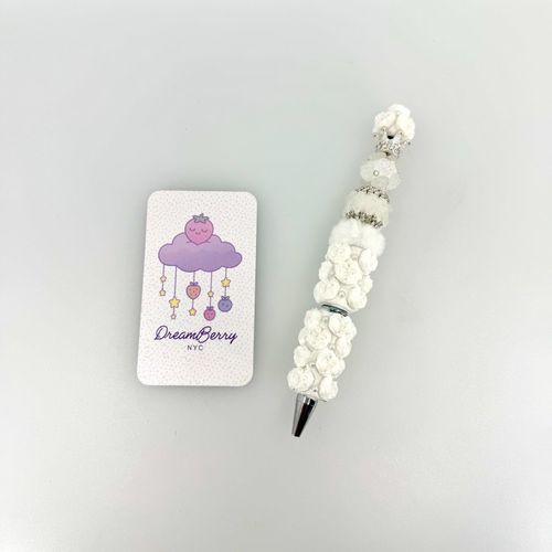 Beaded Pen — White Rose, Silver Crown & Fluff (Regular Size)