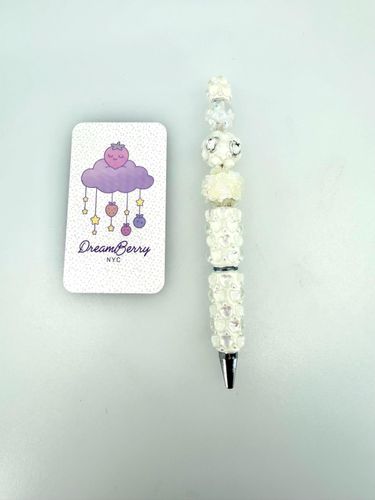 Beaded Pen — White Iridescent Heart & Florals (Regular Size)