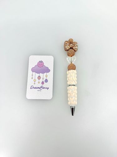 Beaded Pen — Champagne Bow & Cream Hearts (Regular Size)