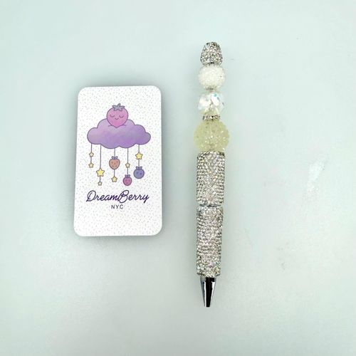 Beaded Pen — Silver & White Confetti (Regular Size)