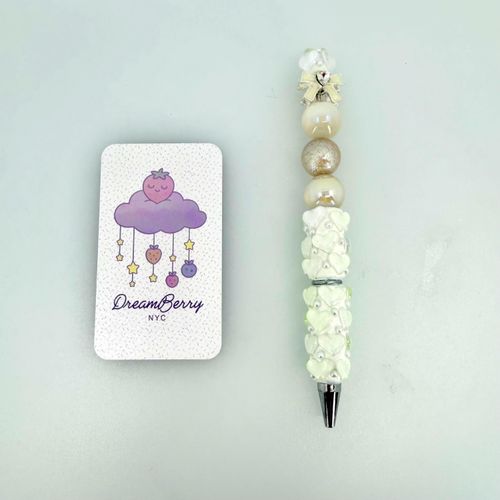 Beaded Pen — Ivory Heart, Bow & Champagne (Regular Size)