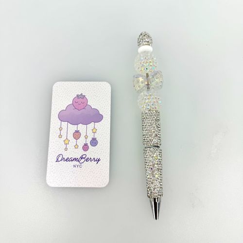 Beaded Pen — Silver & Iridescent Bow (Regular Size)
