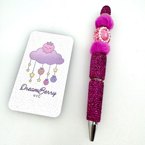 Beaded Pen — Hot Pink Pom Poms & Pink Gem (Regular Size)