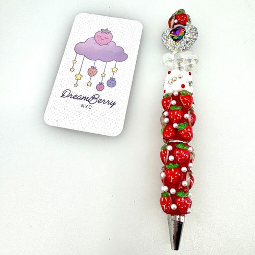 Beaded Pen — Strawberry & Rhinestone Heart (Regular Size)