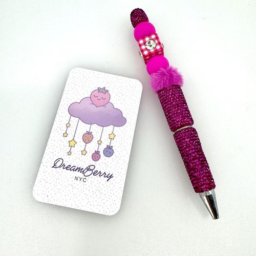 Beaded Pen — Hot Pink Pom Poms & Pink Gem II (Regular Size)