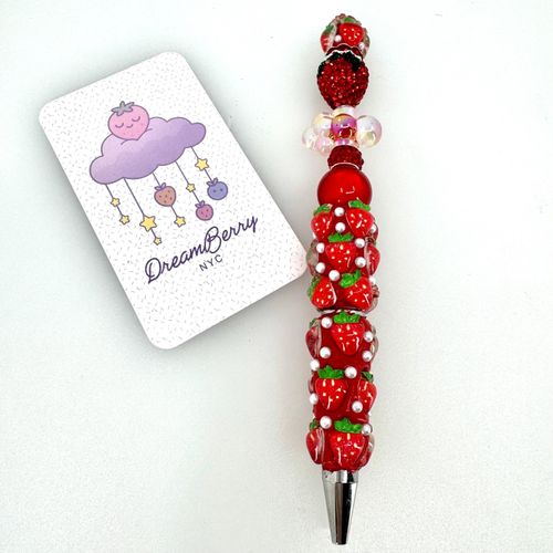 Beaded Pen — Strawberry, Red Berry & Flower (Regular Size)