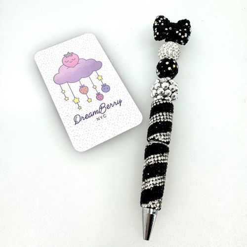 Beaded Pen — Black & Silver Stripes with Bow (Regular Size)