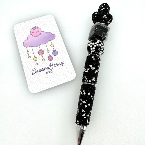 Beaded Pen — Black Heart & Star Confetti (Regular Size)