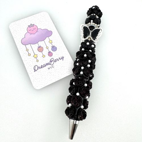 Beaded Pen — Gothic Black Rose, Butterfly & Pearls (Regular Size)
