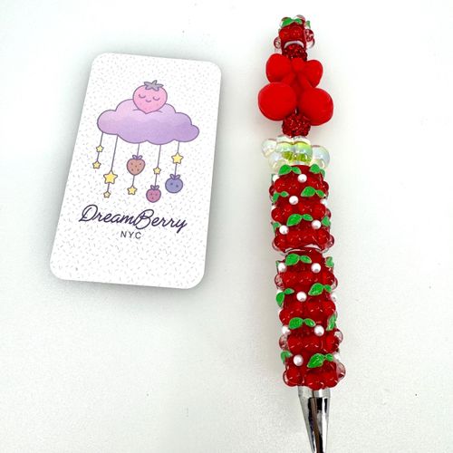 Beaded Pen — Cherry, Red Bow & Flower (Regular Size)