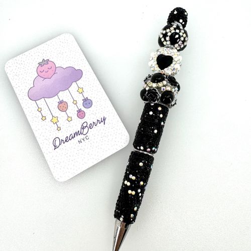Beaded Pen — Black Heart, Pearl & Rose (Regular Size)
